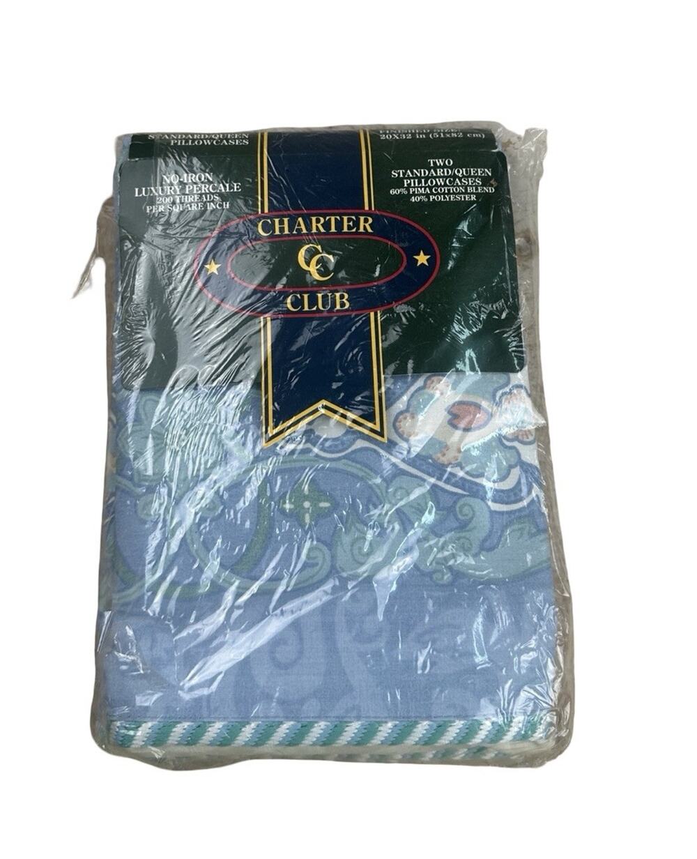 Vintage Charter Club Blue Floral Standard Queen Pillowcases NOS Pima Cotton Pair